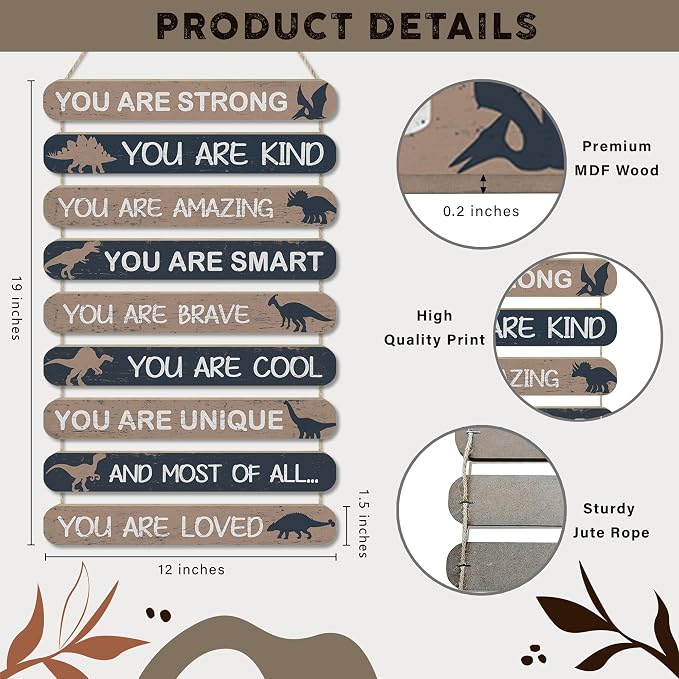 MONALET Vintage Dinosaur Inspirational Wall Decor for Boys Kids Room Playroom Nursery Classroom, You Are Loved Hanging Wooden Signs Decorations, Positive Affirmations Wall Art Wood Plaque 9Pcs 12x19