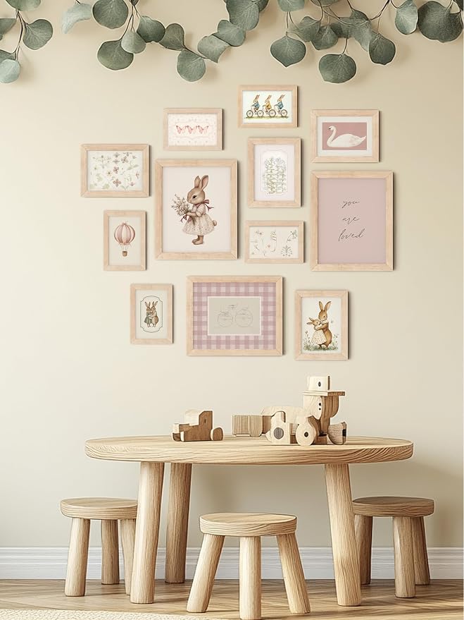 TwoDays Vintage Nursery Decor for Baby Girls, Pink Rabbit Bunny Wall Art for Toddler Kids Playroom, Swan Animals Posters for Bedroom (Multi Sizes, Set of 12, 8 × 10 Largest, Wooden Framed)