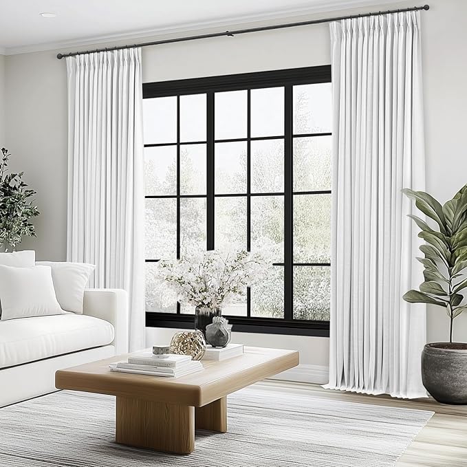 90 Inches Long Blackout White Linen Curtains for Bedroom,Pinch Pleated Insulated Thermal Sound Blocking Curtains,Decorative Elegant Farmhouse Lined Drapes 2 Panels Set for Living Room Sliding Door