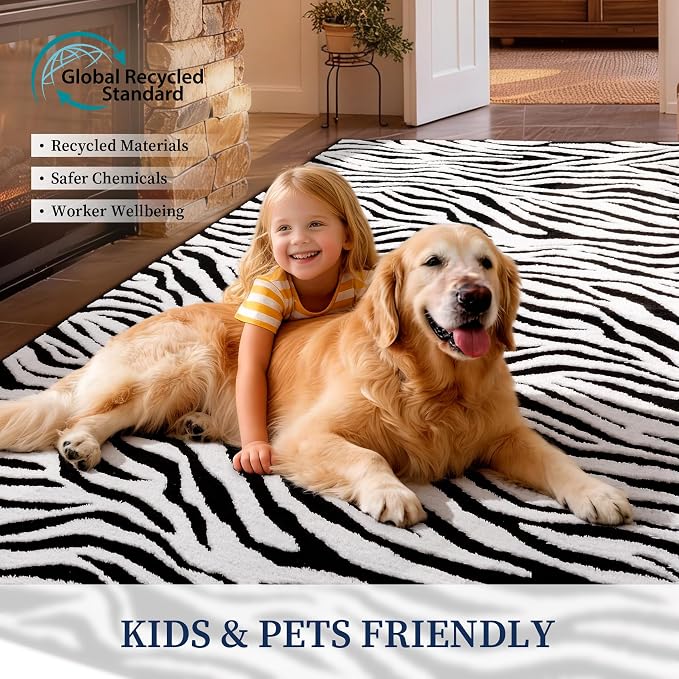 YIHOUSE 8x10 Ft Zebra Area Rugs, Abstract Modern Washable Black and White Striped Rug, Nonslip Non-Shedding Soft Carpet for Living Room Dining Room Office Playroom Home Decor