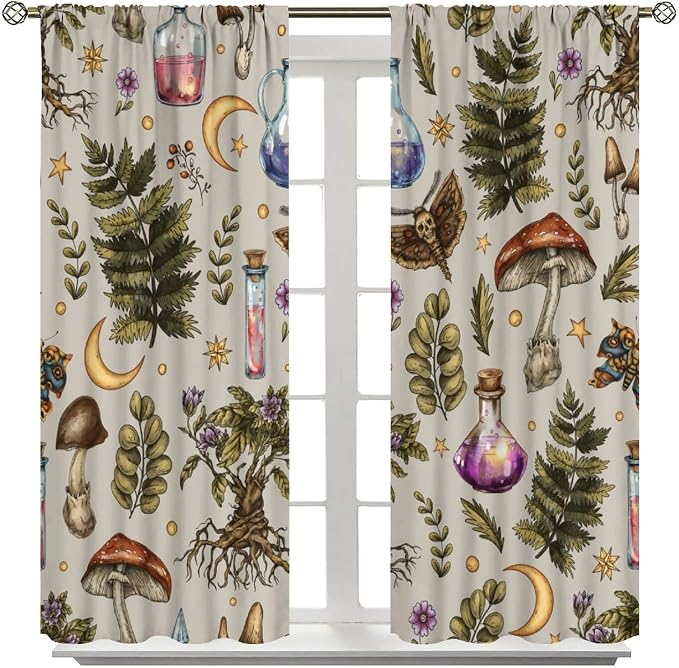 Vintage Mushroom Curtains, Gohtic Mystical Witch Magic Poison Rustic Forest Mushroom Plants Flowers Moth Blackout Window Curtains for Kitchen Bedroom Livingroom, 52" W X 84" L