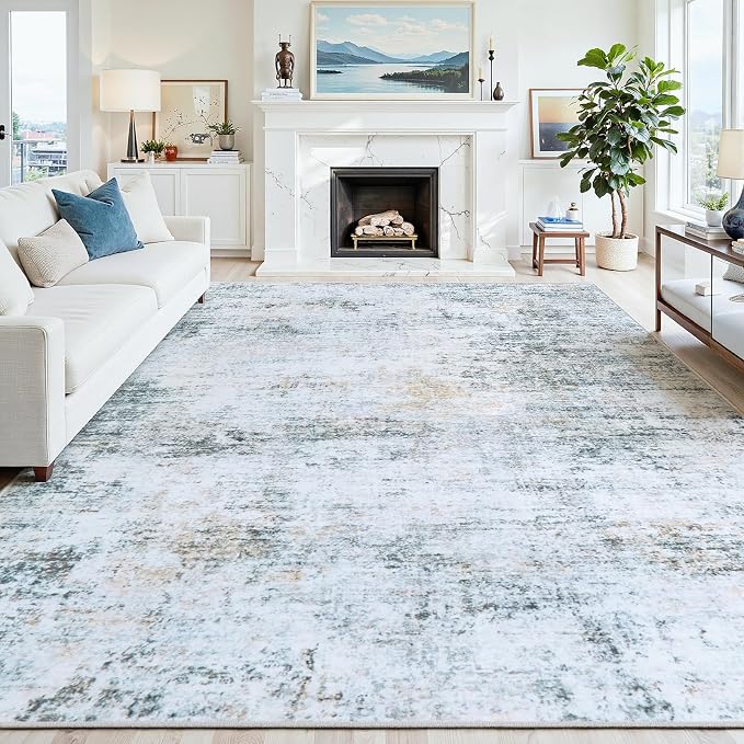 5x7 Area Rugs Washable Rug:Anti-Skid Abstract Modern Living Room Rug Soft Thin Carpets Indoor Floor Non-Shedding Carpet for Bedroom Dining Farmhouse Nursery Home Office(Blue/Grey/Gold/White, 5x7)
