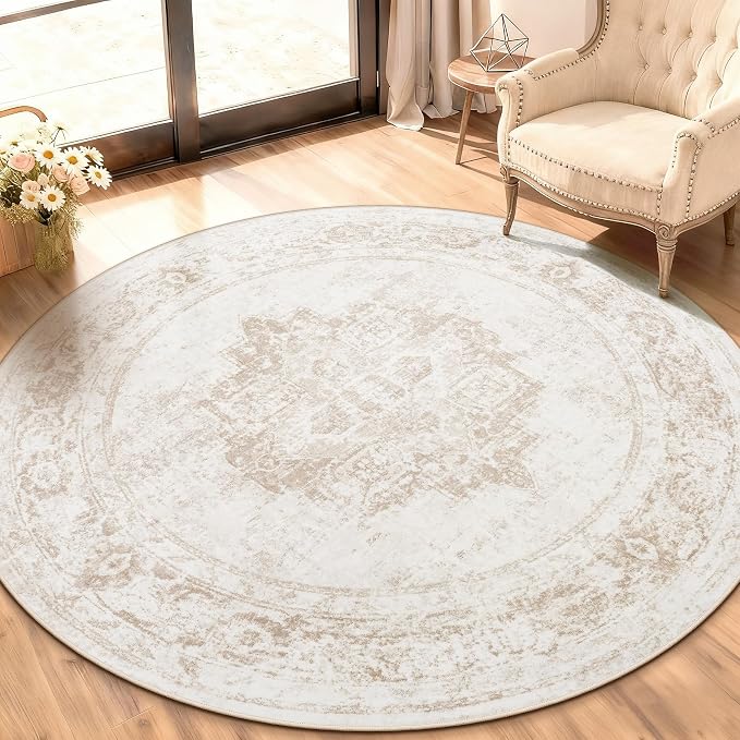 Round Rug 4ft Vintage Rugs: Small Washable Circle Rug Distressed Non Slip Circular Carpet for Living Room Bedroom Kitchen Home(Beige, 4' Round)