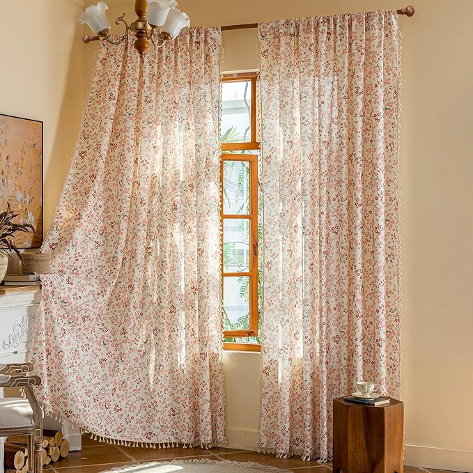 OYX Boho Floral Curtains with Tassels, Light Filtering Linen Curtains, Rod Pocket Farmhouse Flower Print Window Drapes for Bedroom Living Room, 2 Panels, 52’’W X84’’L