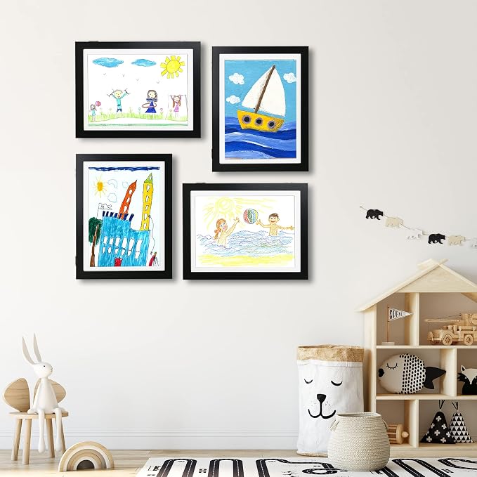 iRahmen Kids Art Frames 9x12 - Front Opening Childrens Picture Frame Changeable, Wood Artwork Display Storage for Wall Mount, Magnetic Door Holds 50 Art Pieces for Drawings, 3D Picture, Crafts, Portfolio, Black