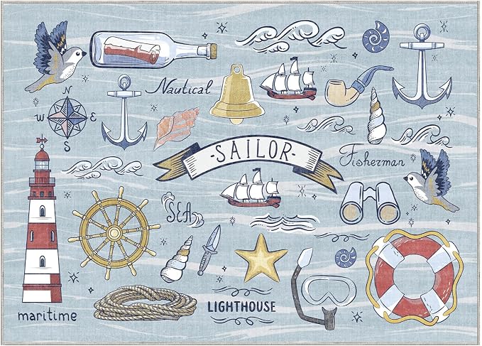 OPPODREAM Nautical Soft Area Rugs 5x7, Washable Blue Rug with Non Slip Backing, 5 x 7 Faux Cashmere Low-Pile 5x7 Carpet