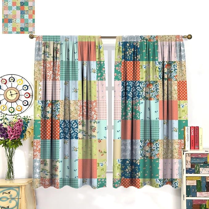Boho Floral Patchwork Blackout Curtains Farmhouse Patchwork Quilted Country Check Plaid Print Window Drapes for Bedroom Living Room Kitchen Cafe (W27.5xL63 Inch) x2 Panels