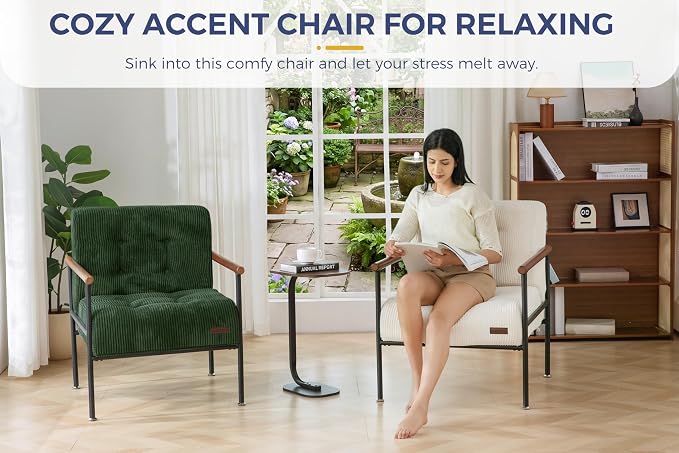 MAXYOYO Living Room Accent Chair, Modern Chair with Metal Frame | Upholstered Reading Chair Modern Living Room Chair with Support Cushion for Bedroom Balcony Porch, Dark Green