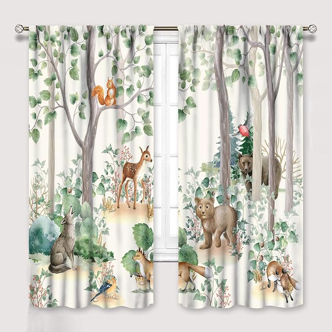 Forest Animal Kids Curtains, Wild Rustic Bear Fox Deer Children Cartoon Window Treatments for Living Room, Watercolor Blackout Drapes 2 Panel Sets,72x63 Inch