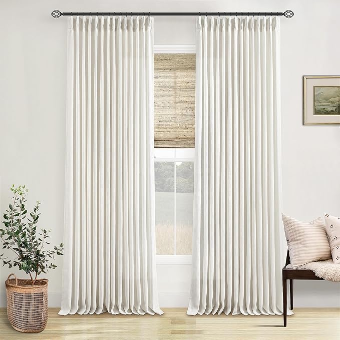 Natural Pinch Pleated Linen Curtains 112 Inches Long 2 Panels Set for Living Room Bedroom Memory Training Shaped Semi Sheer Pleat Drapes with Hooks Rings Light Filtering Window Curtain 40x112