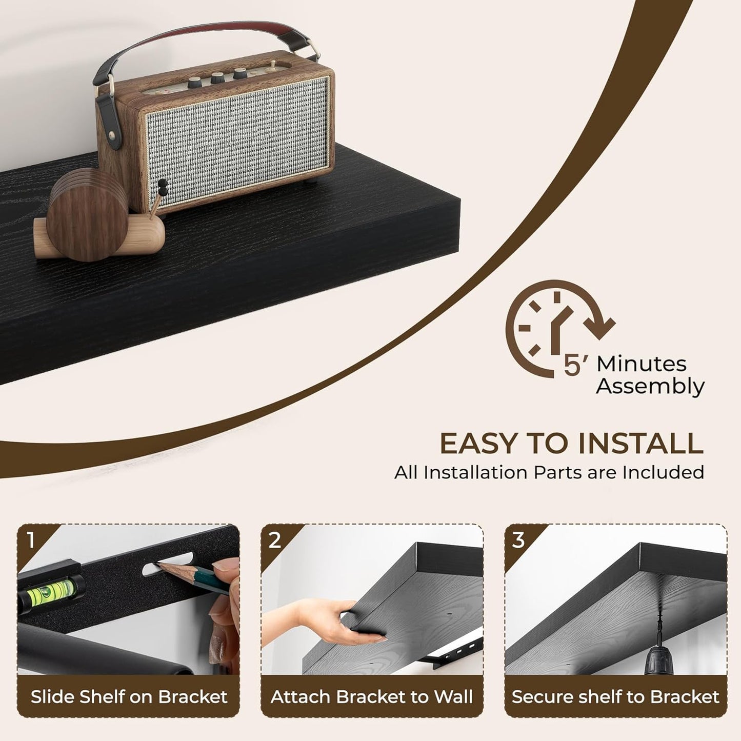 RICHFOCUS 72Inch Floating Shelves for Wall 1 Pack Shelves for Bedroom|Kitchen|Bathroom Wall Mounted Rustic Wood Floating Shelf with Invisible Brackets for Books|Storage|Decor, Black