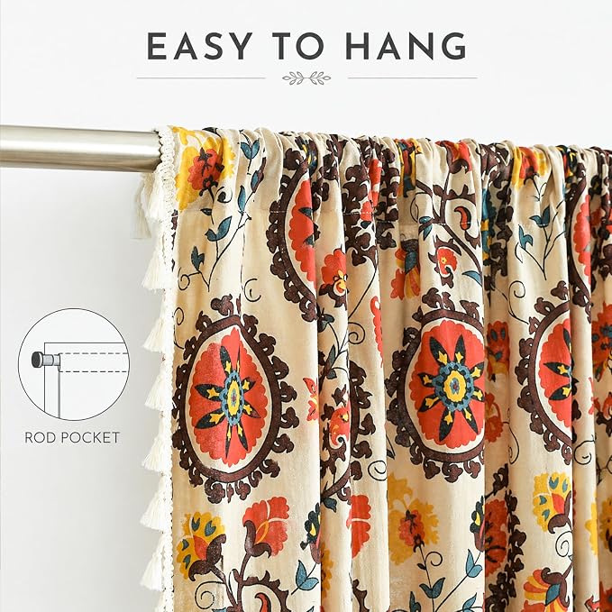 VOGOL Boho Mandala Curtains for Living Room, Exotic Boho Red Sun Disc Print for High Windows, Tribal Floral Ethnic Style Textured Fabric with Handmade Tassels, 59"x94", 1 Panel