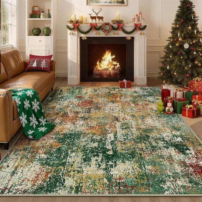 RELEANY Washable Area Rugs 2'x3' Non-Slip Modern Abstract Soft for Living Room Entryway Bedroom Kitchen, Print Pattern, Green Orange Rust Red Cream Colorful