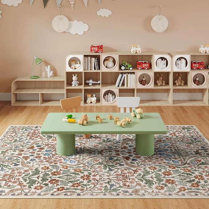 6x9 Washable Area Rug for Living Room, Floral Non-Slip Non-Shedding & Easy Care, Soft Low Pile Botanical Indoor Floor Carpet for Living Room, Bedroom, Farmhouse, Dining Room, Kids Playroom, Beige