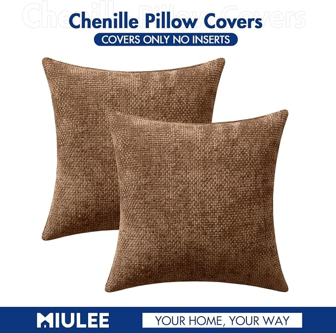 MIULEE Pack of 2 Couch Throw Pillow Covers 18x18 Inch Neutral Golden Brown Boho Accent Decorative Pillow Covers Soft Chenille Farmhouse Cushion Covers for Home Decor Bed Sofa Living Room