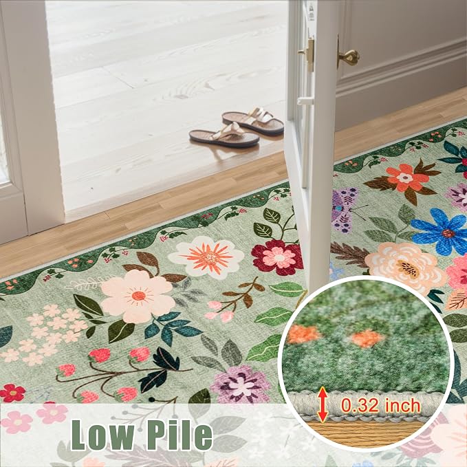 8x10 Area Rugs for Living Room: Floral Washable Rug Vintage Large Soft Boho Non-Slip Carpet Indoor Stain Resistant Low Pile Carpets for Bedroom Dining Room Farmhouse Nursery Hallway Home Office Green