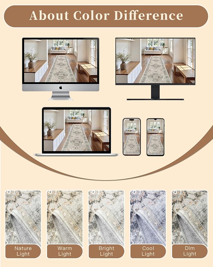 Madane Hallway Runner Rug 2x5 Washable Entry Rugs Soft, Light Taupe Brown | Vintage Printed Low-Pile Kitchen Runners, Non-Slip Low-Pile Stain-Resistant Throw Carpet for Bedroom Entrance Laundry Room