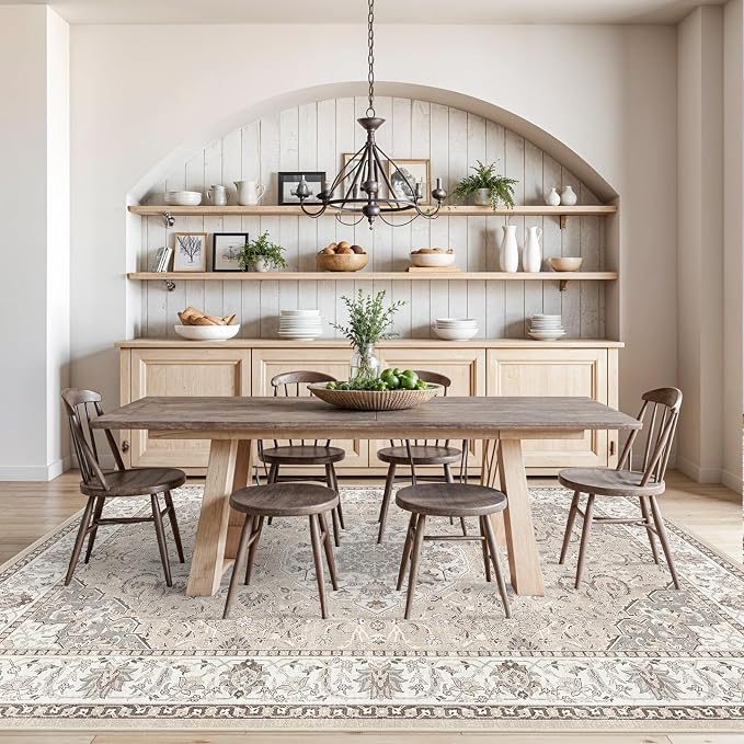 Washable Large 9x12 Area Rug - Living Room Oriental Non Slip Soft Rugs Indoor Low Pile Stain Resistant Carpet for Bedroom Dining Room Farmhouse Distressed Thin Home Decor Floor Mat (9x12 Beige)