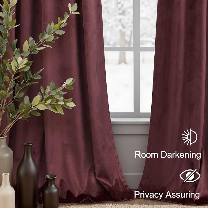 Room Darkening Luxurious Velvet Curtains Ruby Wine 108 Inches Long 2 Panel Noise Absorbing Thermal Insulating Drapes Feminine Curtains for Bedroom Holiday Party Backdrops Media Movie Theater Film Room