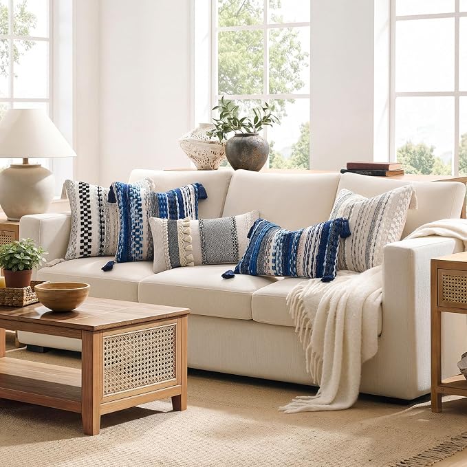 Kevin Textile 20x20 Inch Throw Pillow Cover 1 Pack Boho Decorative Soft Chenille Thread Woven Tufted Textured Square Cushion Case Farmhouse Accent for Living Room Couch Sofa Bed, Blue