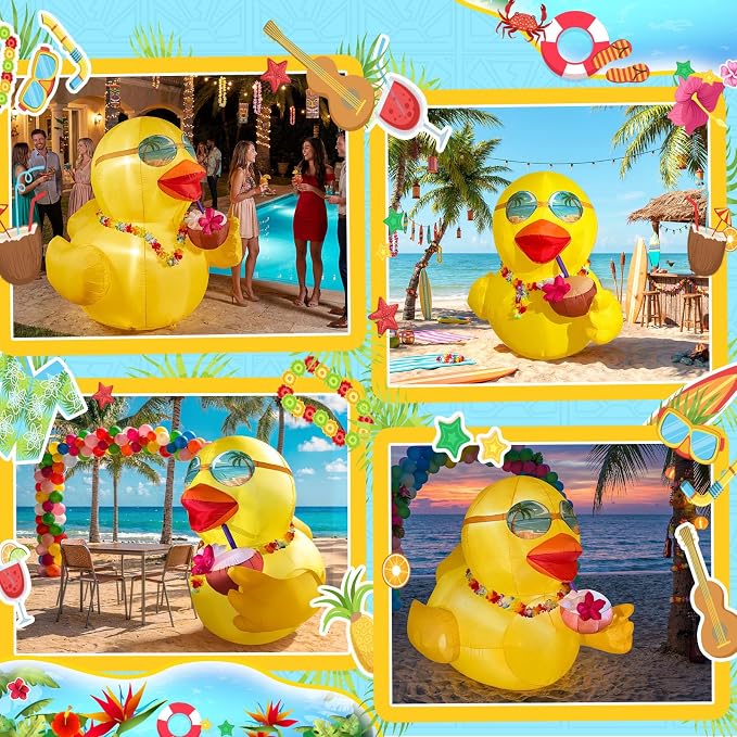 6 FT Giant Inflatable Duck, Summer Inflatables Outdoor Decorations for Yard | Blow Up Duck with Hawaiian Leis, Luau Party Decorations, Powerful Blower & LED Lights, Pool Beach Tropical Lawn Party Decor