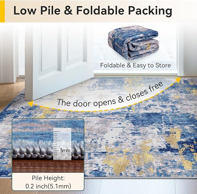 RELEANY Washable Area Rugs 4'x6' Non-Slip Modern Abstract Soft for Living Room Entryway Bedroom Kitchen, Print Pattern, Grey Blue Gold/Golden