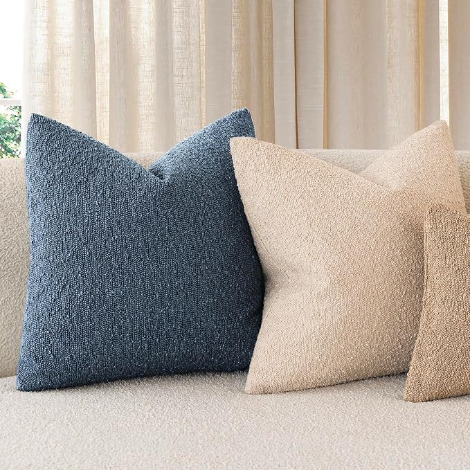 Foindtower Set of 2, Decorative Textured Boucle Throw Pillow Covers Accent Solid Pillow Cases Neutral Couch Cushion Case for Chair Sofa Bedroom Living Room Home Decor 26x26 Inch Dark Blue