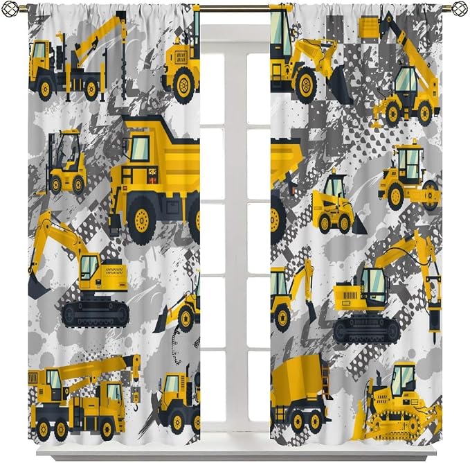 Kids Cartoon Car Curtain Yellow Vehicle Graffiti Excavator for Boys Kids, Window Treatments Curtains Bedroom Cafe Dining Room Living Room Kitchen Office Drapes, 42x63 in