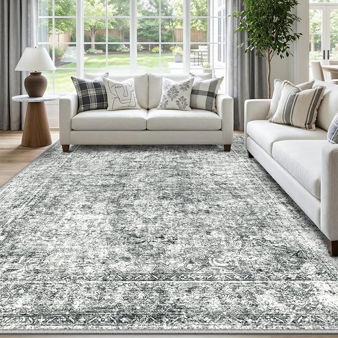 CAPALOCA Machine Washable Rugs Nursery Rug 7x9 Cute Girl Non Slip Low Pile Water Repellent Soft Print Pattern for Bedroom Indoor Decor Kids Playroom Grey