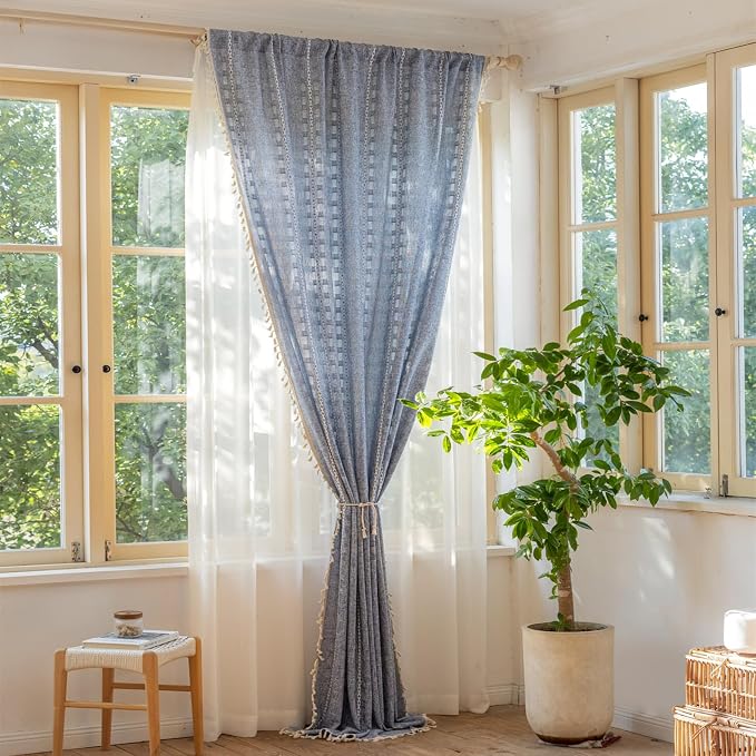 Deeprove Denim Blue Boho Curtain 63 inches Length for Living Room Bedroom Office, American Classic Bohemian Sheer 63 inches Long Stripe Embroidery Privacy Window Tassel Decor W52 x L63, 1 Panel