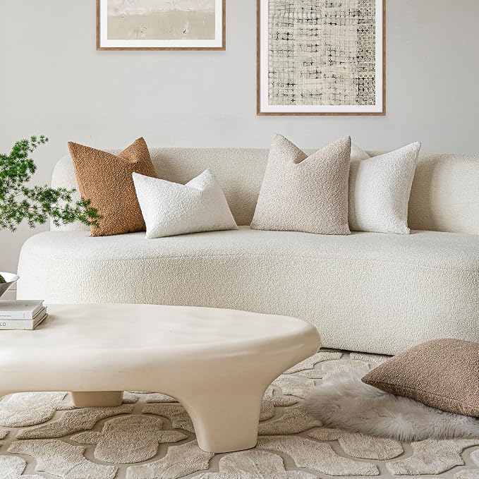 Foindtower Set of 2, Decorative Textured Boucle Throw Pillow Covers Accent Solid Pillow Cases Neutral Cozy Couch Cushion Case for Chair Sofa Bedroom Living Room Home Decor 26 x 26 Inch Ivory Beige