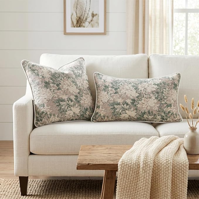 Vintage Floral Throw Pillow Covers 20x20 Inches Set of 2 Boho Farmhouse Pillow Cases Premium Chenille Textured Decorative Cushion Covers for Couch Retro Garden Farmhouse Style Grass Green