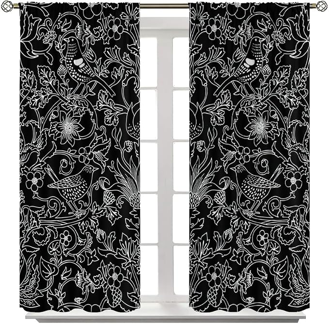 Bohemia William Morris Art Blackout Window Curtains, Vintage Flowers and Birds Dark Magic Forest Background, for Living Room Bedroom 27.5(W)*63(L) 2 Panels
