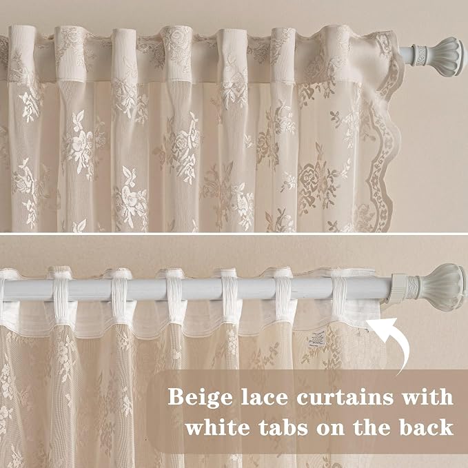MEETSKY Beige Boho Lace Sheer Curtains 54 Inch Length 2 Panels Set Vintage Victorian French Elegant Light Filtering Cafe Farmhouse Style Rod Pocket Drapes, W50 Each Panel
