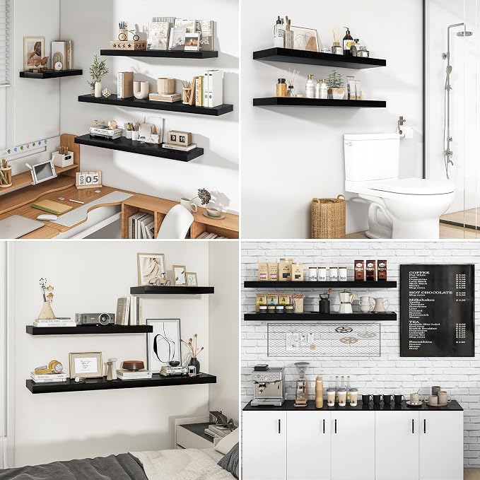 RICHFOCUS 72Inch Floating Shelves for Wall 1 Pack Shelves for Bedroom|Kitchen|Bathroom Wall Mounted Rustic Wood Floating Shelf with Invisible Brackets for Books|Storage|Decor, Black