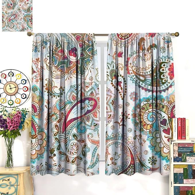 Bohemian-Style Curtains, Tribal Abstract Print with Paisley Motifs, Blackout Curtains for Bedrooms, Living Rooms and Kitchens42X63 Inch