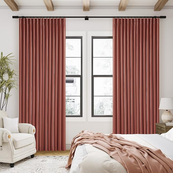 Terracotta Pinch Pleated 100% Blackout Linen Bedroom Curtains 96 Inch Length Double Layer Pleat Curtains Ring Hooks Back Tab Black Out Room Darkening Drapes 96 Inches Long Fall Living Room Red Clay