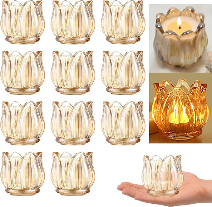 GOLDEAL 6Pcs Gold Votive Candle Holders, Thick Glass Tea Light Candle Holder Bulk, Tealight Candle Jars for Wedding Table Decor, Party Supplies, Bridal Shower Decorations, Centerpieces for Tables