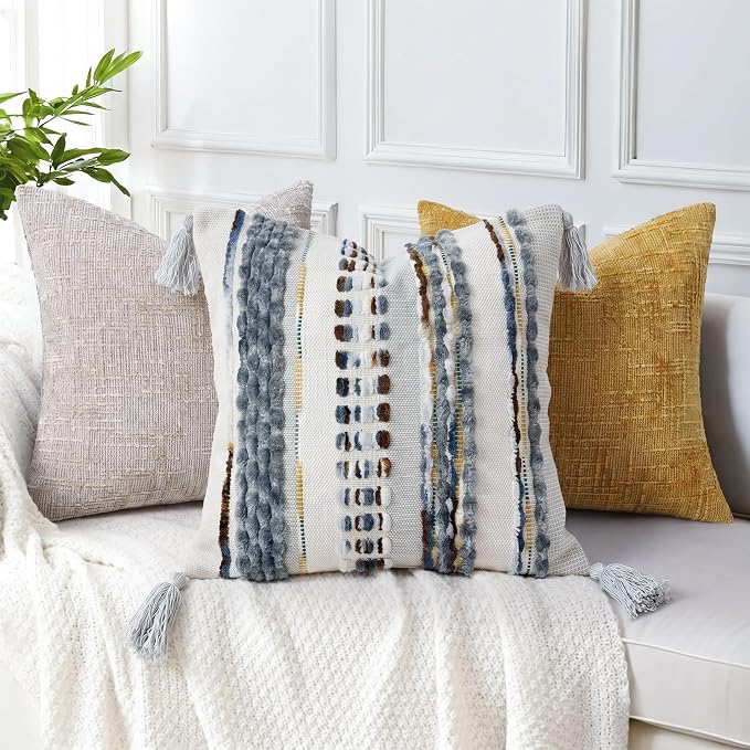 NUYECY Boho Throw Pillow Covers 18x18 Aesthetic Neutral Boucle Couch Pillow Cover Rainbow Striped Decorative Accent Pillow Case for Couch Bed Sofa Farmhouse,Modern Funky,Set of 2 Brown-Grey