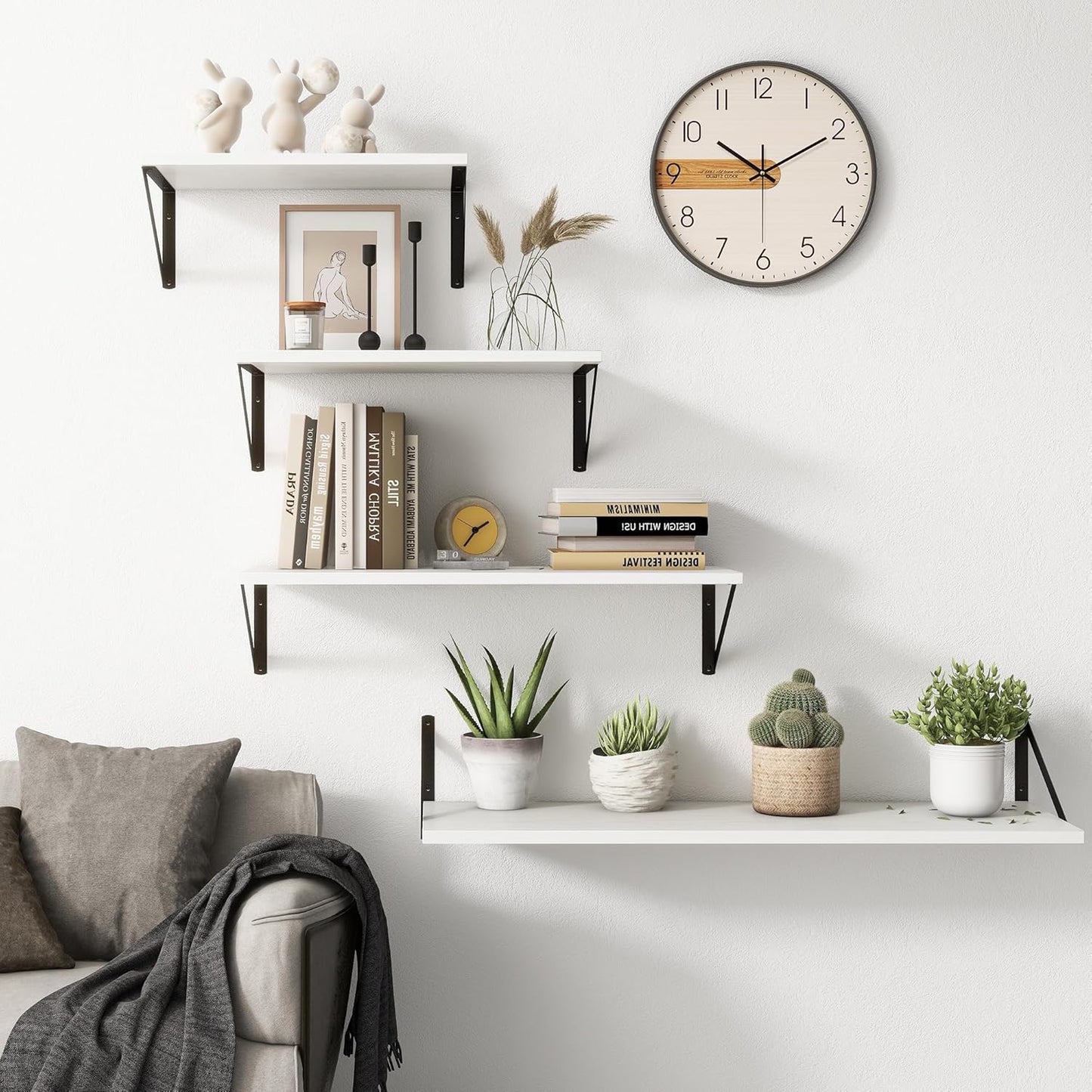 Fun Memories 27.5" W x10 D Floating Shelves, White Wall Shelf with Brackets, 10 Inch Deep Floating Shelf Set of 2, Large Storage Kitchen Living Room Bathroom Shelves, Wood Wall Mounted Shelf