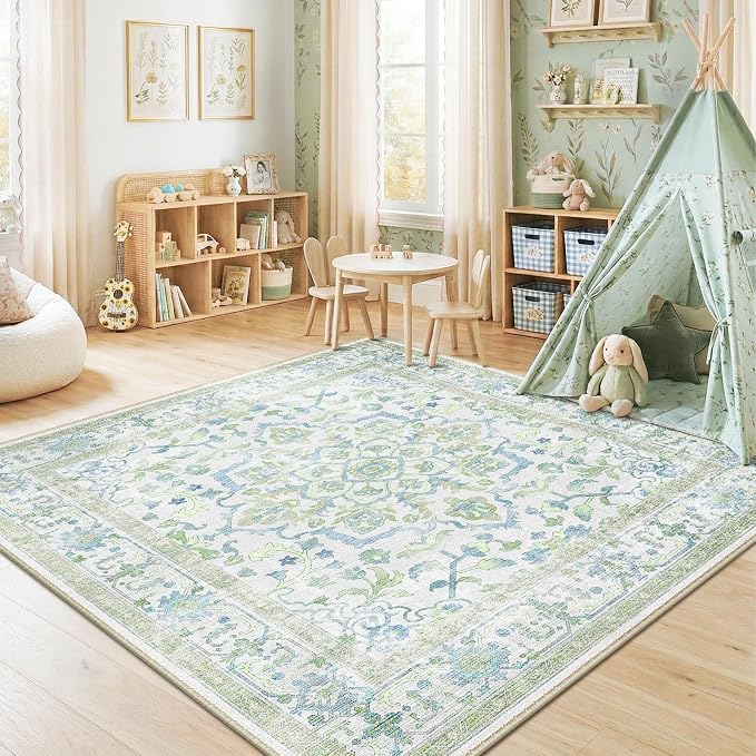 CAPALOCA Machine Washable Rugs Nursery Rug Sq6ft Cute Girl Non Slip Low Pile Water Repellent Soft Print Pattern for Bedroom Indoor Decor Kids Playroom Green Blue
