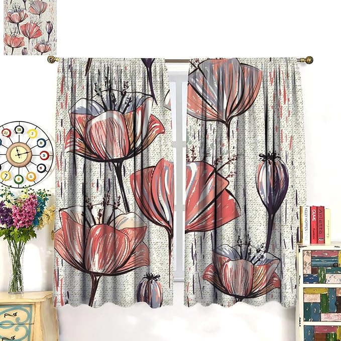 Black Blackout Curtains with Floral Patterns, Vintage Watercolor Red Floral Curtains for The Bedroom, and Heat-Insulating Curtains for The Living Room52X84 Inch
