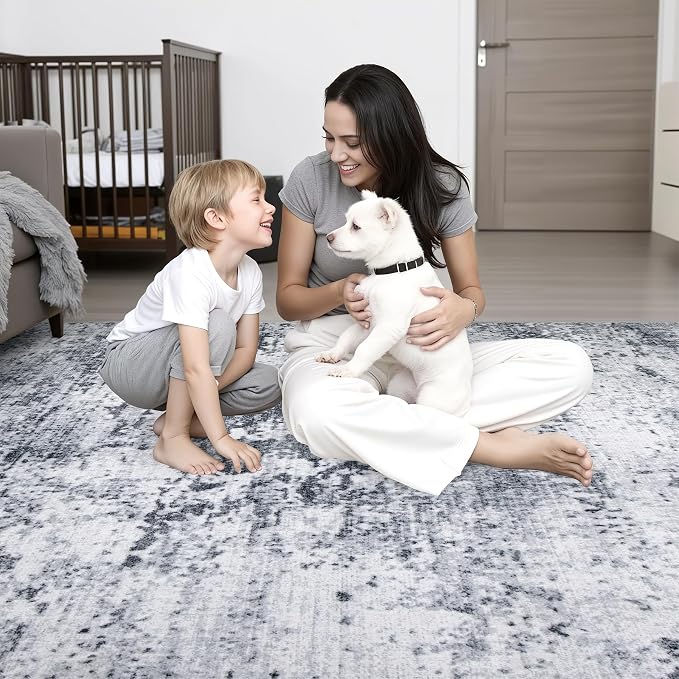 8x8 Area Rug Living Room Rug: Washable Modern Abstract Soft Thin Rug Indoor Floor No Slip Stain Resistant Carpet for Bedroom Dining Room Farmhouse Nursery Home Office - Grey