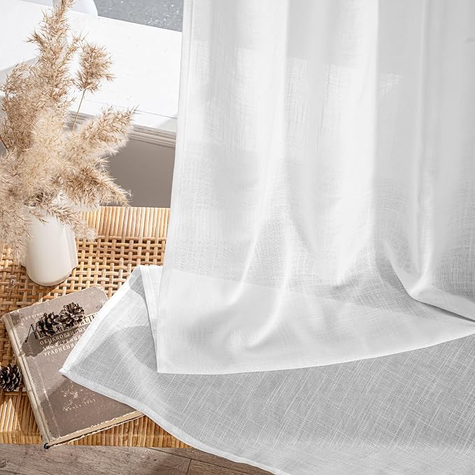 MIULEE White Linen Curtains 84 Inches Long 2 Panels for Bedroom Living Room, Soft Linen Textured Back Tab Window Drapes Semi Sheer Light Filtering Rod Pocket Modern Farmhouse Decor 37x84 Inch