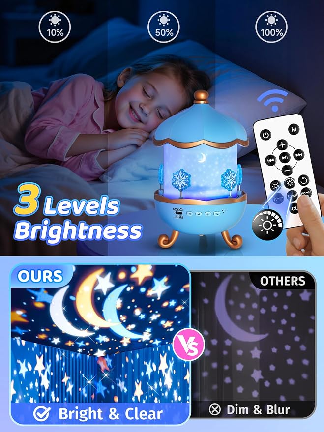 PIKOY Night Light Snow for Kids, 15 White Noise+16 Films+336 Colors Star Projector for Kids, 360°+Remote+Cordless Baby Night Light Projector, Princess Toys for Girls Room Decor Light