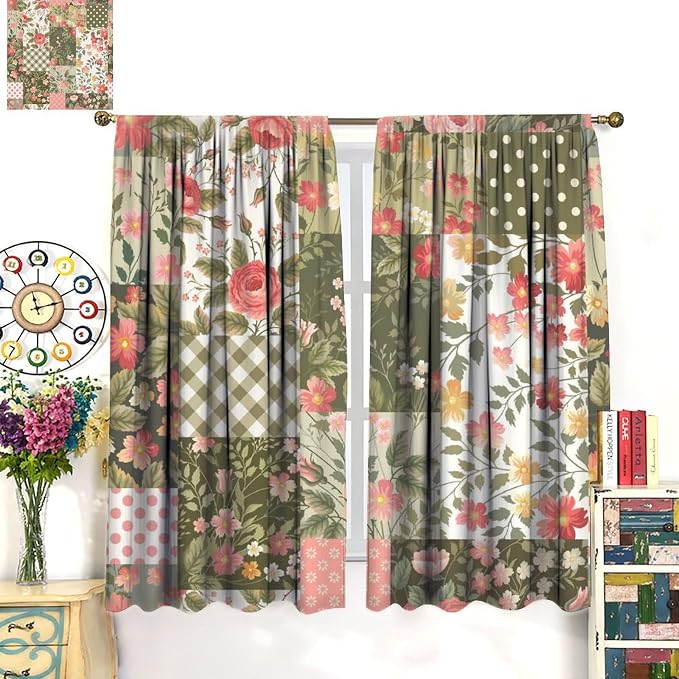 Boho Floral Patchwork Blackout Curtains Vintage Bohemian Floral Colorful Spring Wild Flower Retro Print Window Drapes for Bedroom Living Room Kitchen Cafe (W42xL84 Inch) x2 Panels