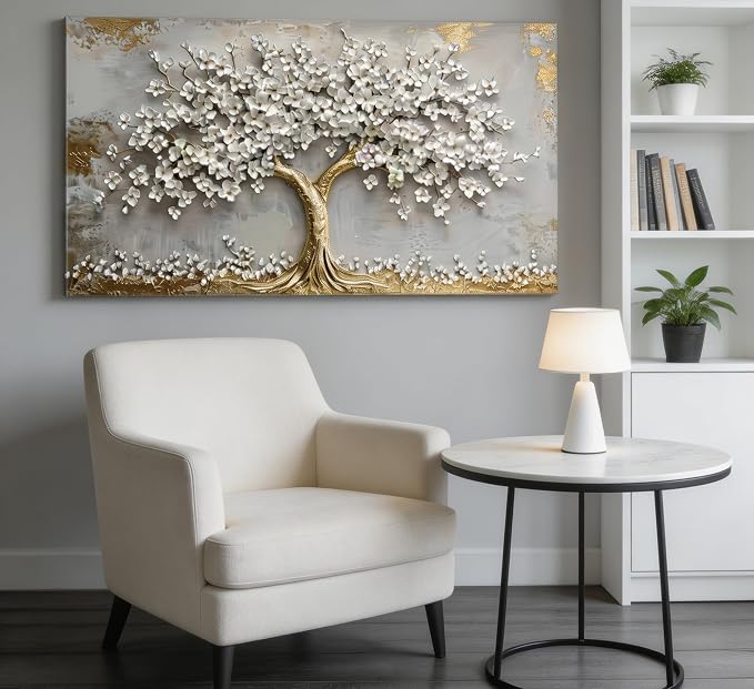 Large Tree of Life Canvas Wall Art Gold and White Flower Big Tree Painting Picture Wall Decor Botanical Floral Poster Print Artwork for Living Room Dining Bedroom