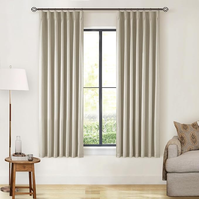 Greyish Beige Black Out Curtains 63 Inch Long for Bedroom Pinch Pleated with Rings Hooks Back Tab Thermal Insulated Short Linen Blackout Drapes Farmhouse Living Room Darkening Kitchen Curtains