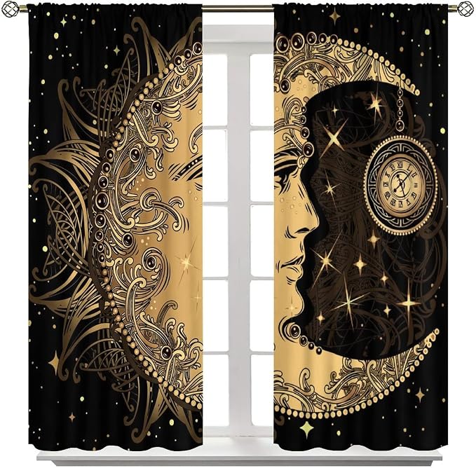 Sun Moon Blackout Windows Curtains, Retro Bohemian Antique Hippie Gold Sun Crescent and Star Curtains, for Living Room Bedroom 72x63in 2 Panels