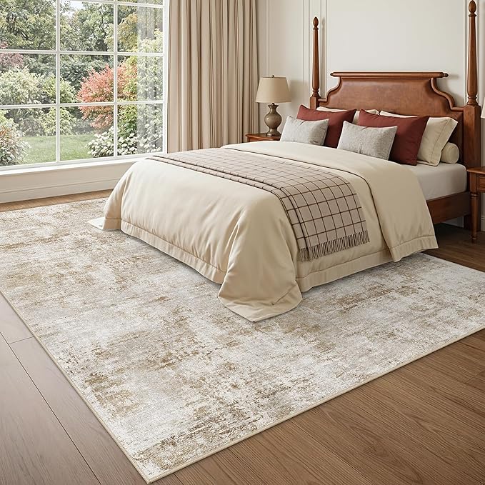 DEXI Washable Area Rug for Living Room 8x10, Modern Abstract Soft Indoor Large Rugs, Stain Resistant Low Pile Carpet with Non Slip Backing for Dining Bedroom Office, Khaki